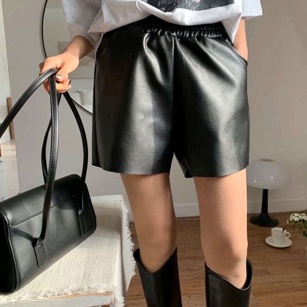 High Waisted Black Leather Women's Shorts